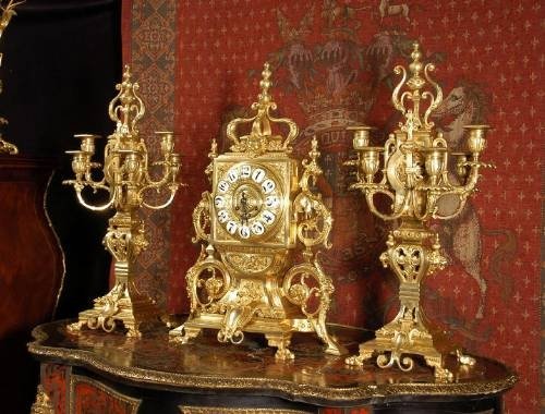 fig 1. Large and Stunning Gilt Brass Gothic Clock Set with Dragons by Vincenti et Cie.
